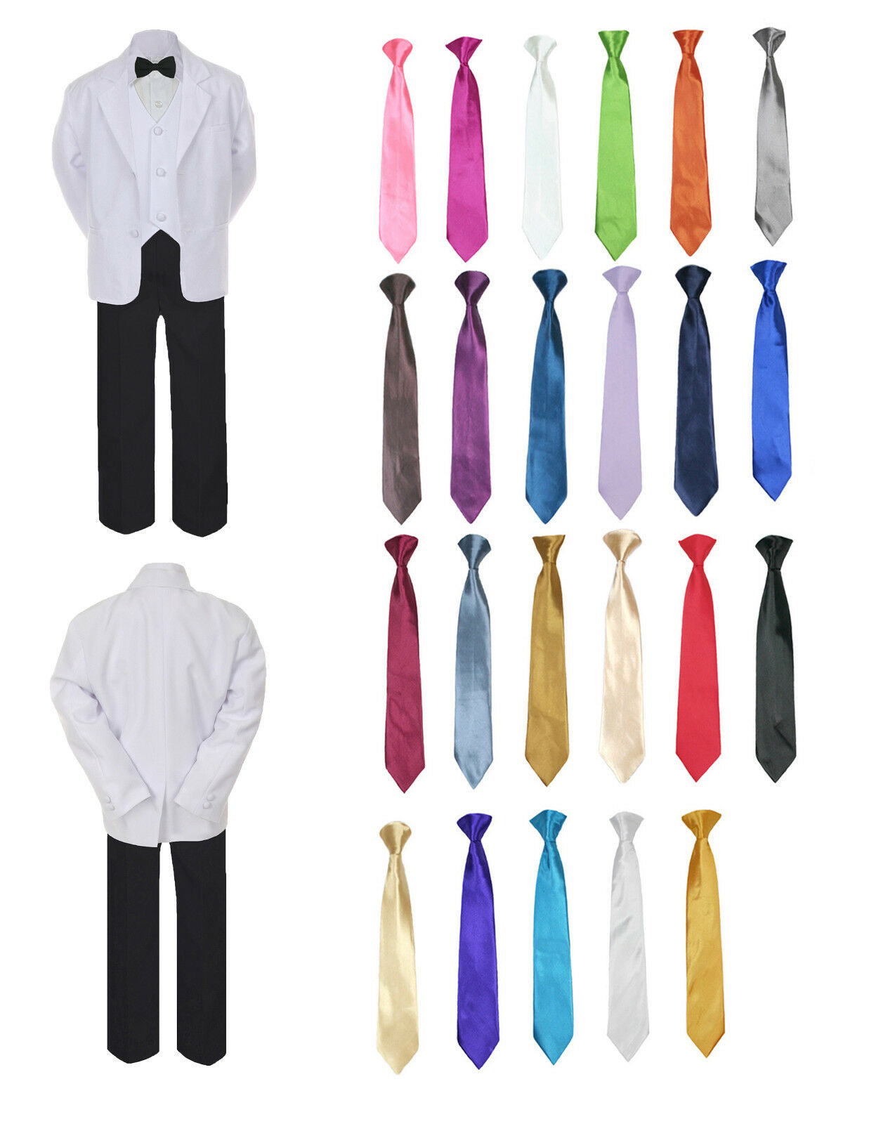 6pc Boy Formal Necktie Black & White Suit Set Satin Necktie Baby Kid Sm-7