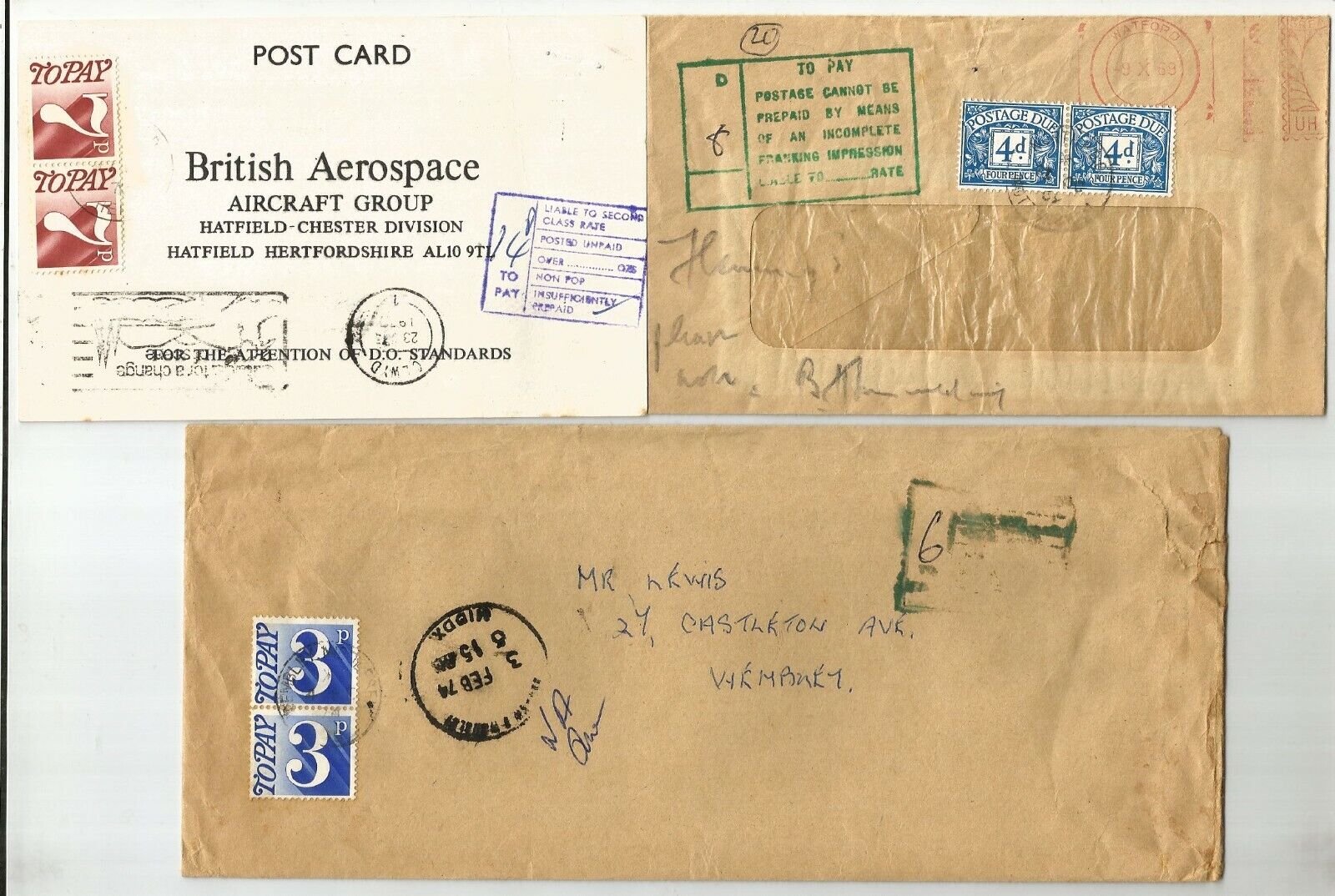 GB 5 covers 1961-76 Postage Due stamps, Posted Unpaid, To Pay and other marks on