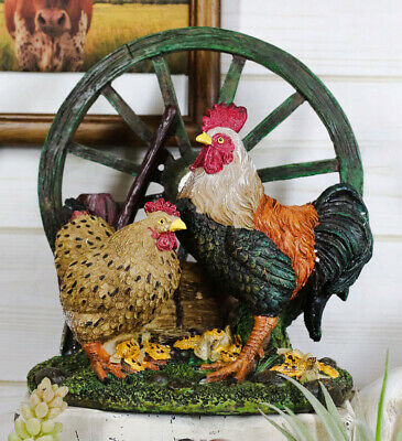 Ebros Rustic Country Rooster & Spotted Hen By Farm Wagon Wheel & Maize Figurine