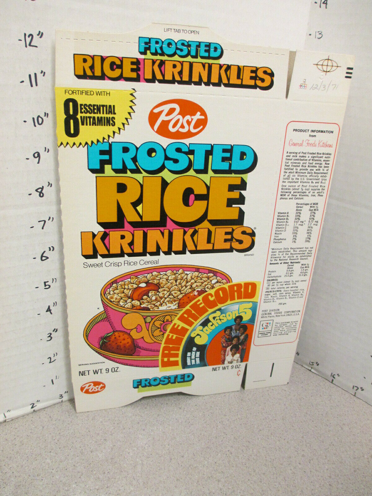 Cereal Box 1971 Post Rice Krinkles Jackson 5 Michael Jackson Premium 33 Record