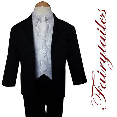 G212 Gino Black Tuxedo Tux Suit White Vest &tie Baby To Teen