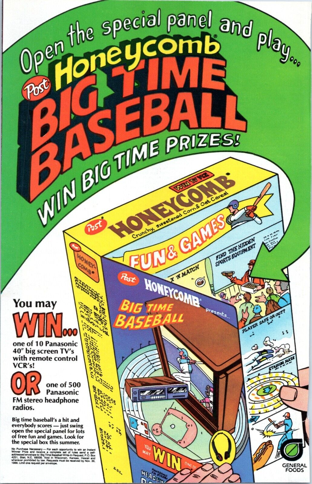 Vintage 1986 Post Honeycomb Cereal Print Ad - Baseball Offer - Comic Book Size