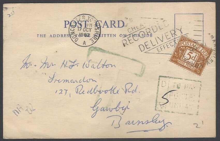 Aop Gb 1959 Postage Due 5d Used On 1962 Unpaid Postcard