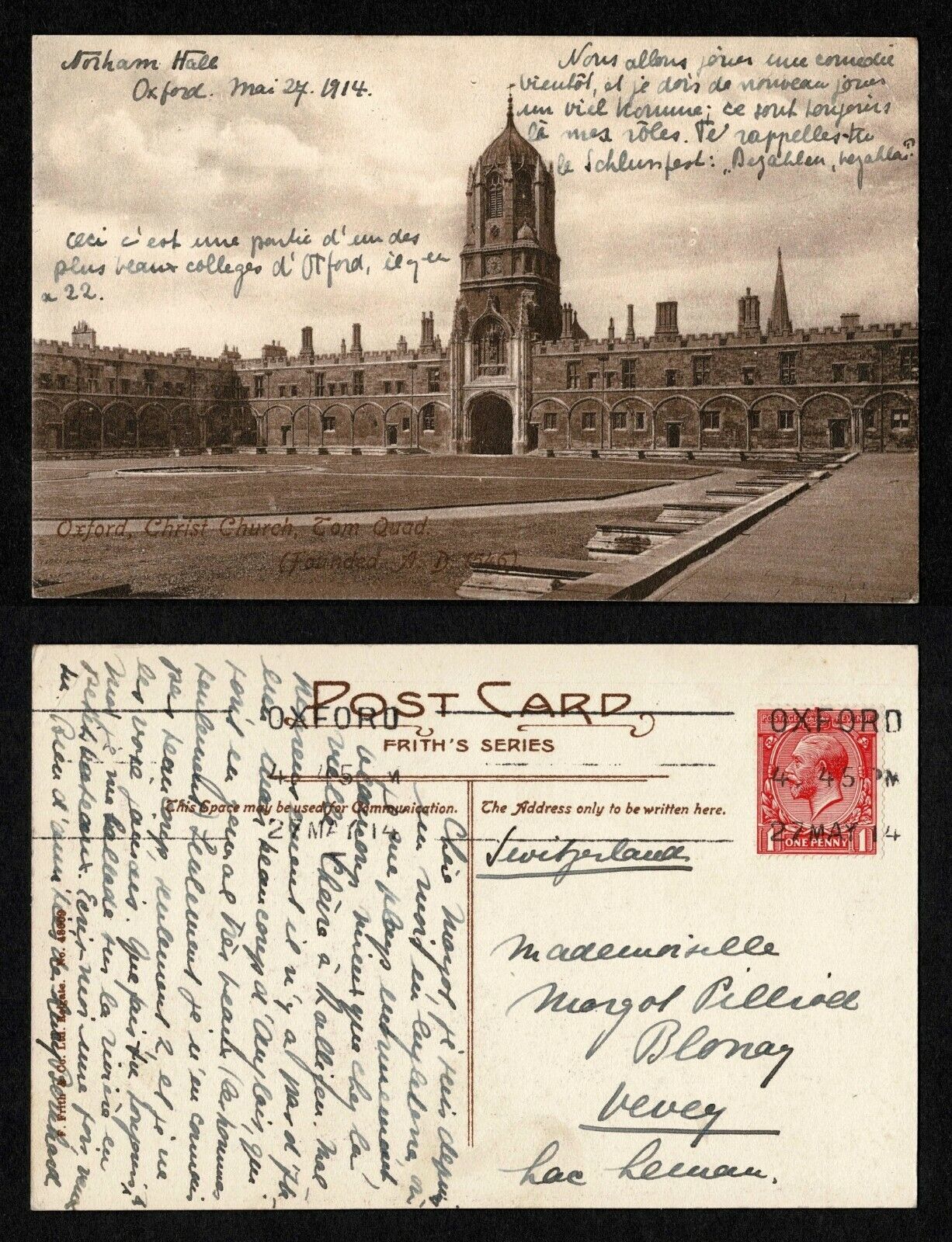 England Post Card Oxford, Christ Church 1945  To Switzerland