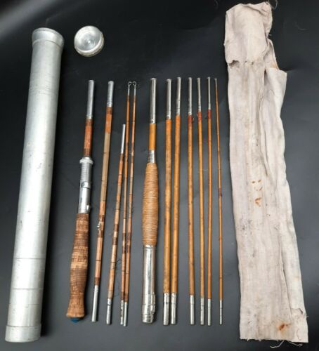 2 Vintage Antique Bamboo Fishing Rods 5 Pcs and 7 Piece with Tube & Sock